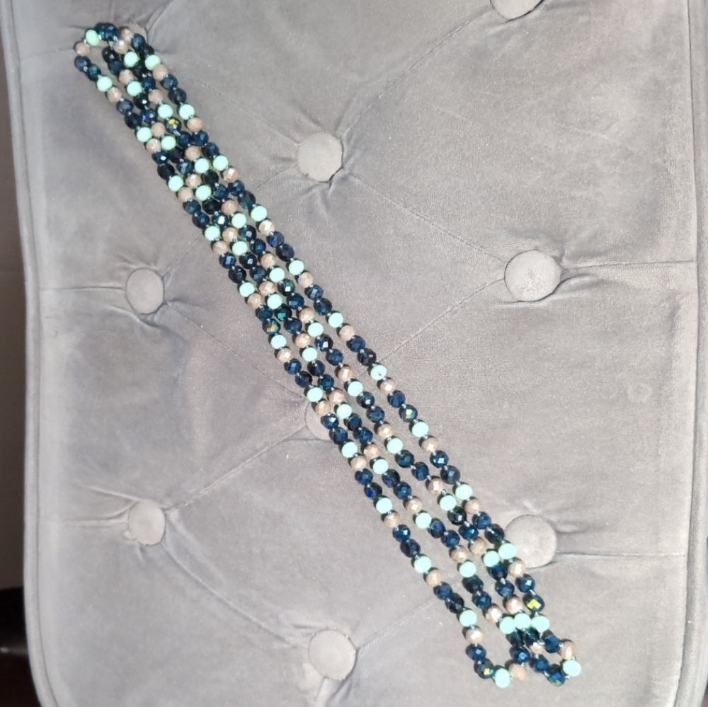 Super long glass bead necklace Seafoam green, navyish teal blue and taupe